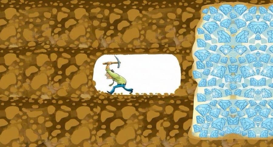 Miner digging in the wrong direction / Never give up meme template