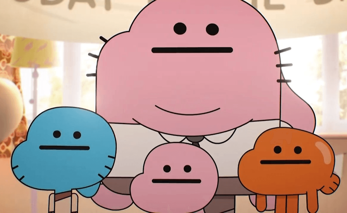 Four colorful rounded cartoon characters—a large pink character behind blue, small pink, and orange characters—look straight ahead with identical flat mouths and neutral expressions.