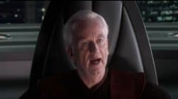 Chancellor Palpatine in dark robes during his confrontation with Jedi in Revenge of the Sith, often with Senate quote captions