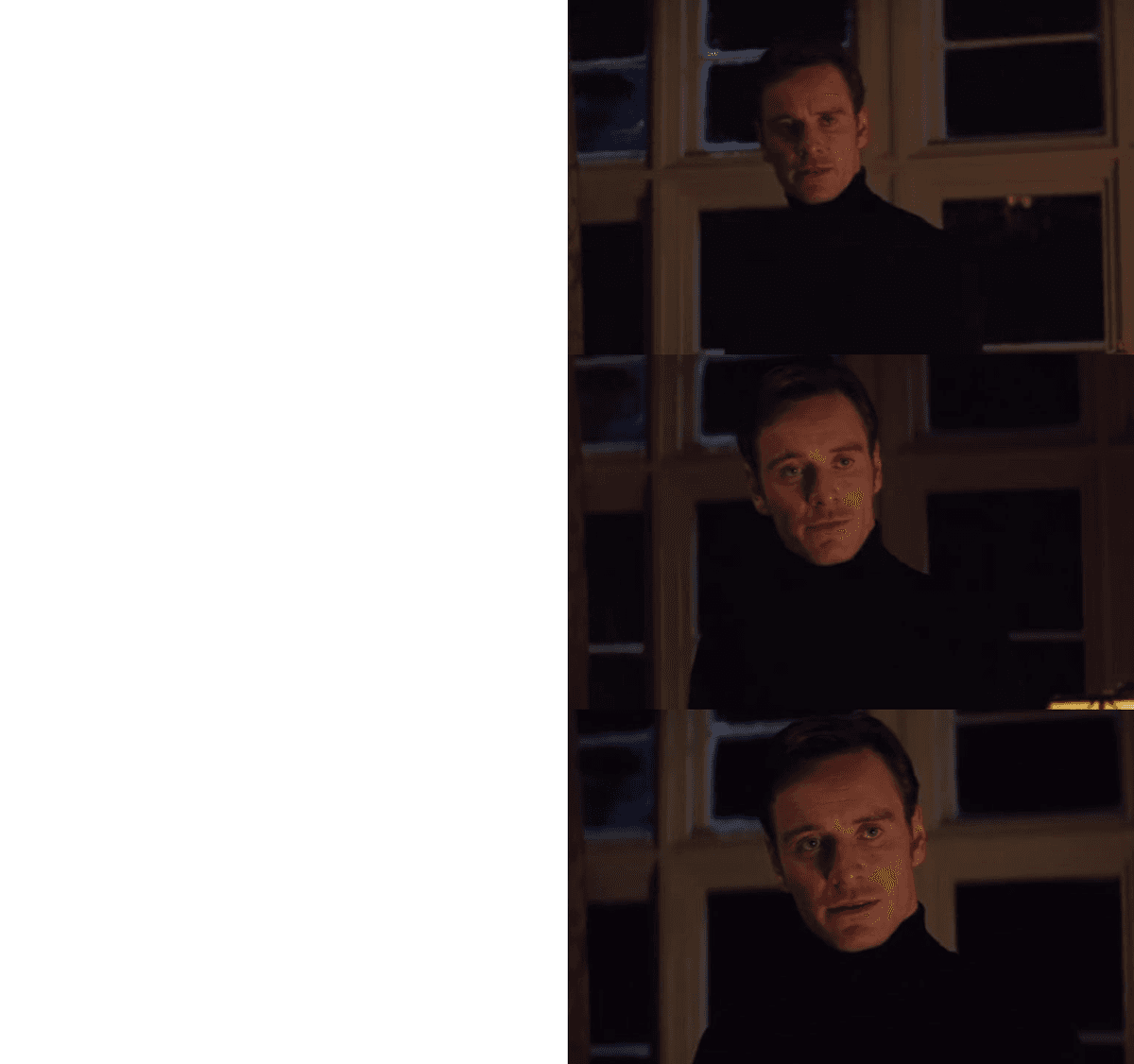 Three-panel vertical meme showing Michael Fassbender as Magneto in X-Men First Class. He starts stoic, then begins smiling, ending with a satisfied expression of approval. Dark setting with window panes visible. Each row has a blank white subject slot on the left.