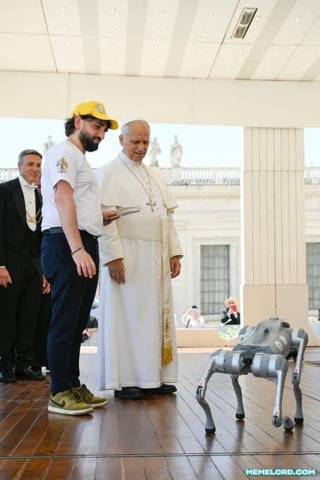 Pope Leo XIV looking at a robotic dog meme template