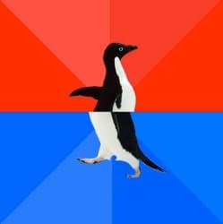 An Adélie penguin standing on ice against a solid blue background, facing left in the classic Advice Animal pose used for Socially Awkward Penguin captions.