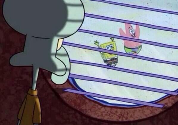 Squidward Watching Through Blinds