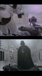 A two-panel Star Wars meme: the top panel shows stormtroopers boarding a white spaceship corridor during a firefight, and the bottom panel shows Darth Vader standing imposingly in the smoky corridor