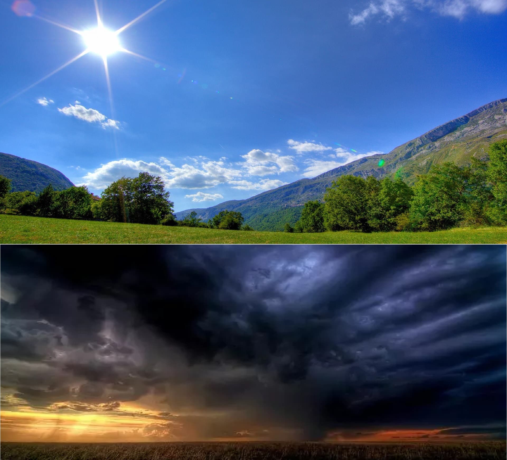 A vertical two-panel landscape image. The top panel shows a bright sun over a green mountain valley under a blue sky, while the bottom panel shows a dark storm cloud and rain over a distant field.