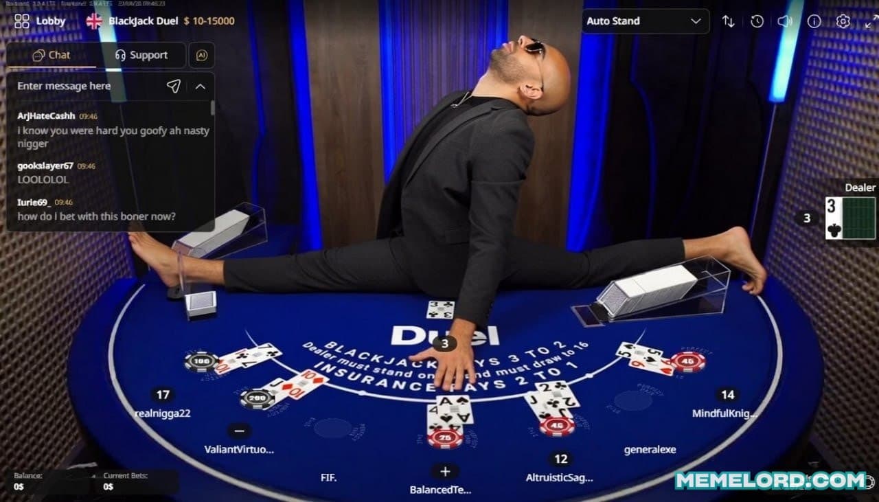 Temu tate split on the Blackjack table meme template