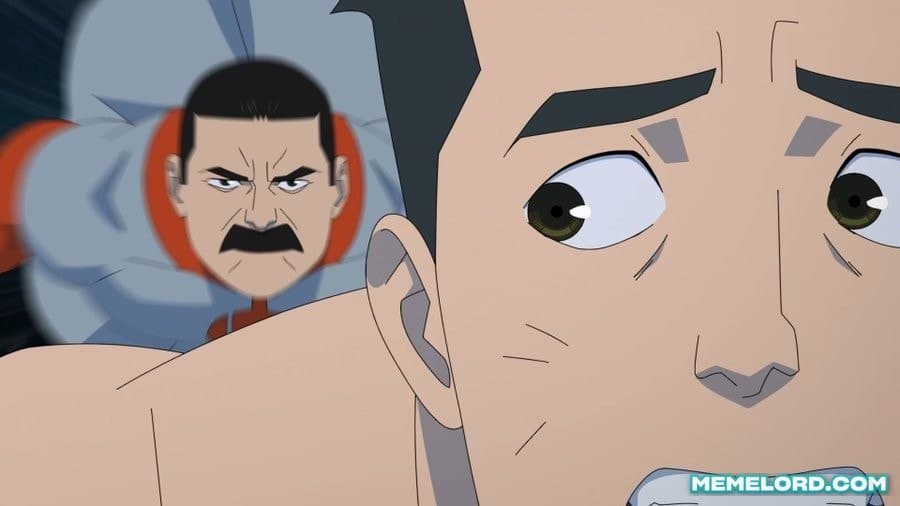 Thragg behind / chasing Mark - 'Invincible' meme template
