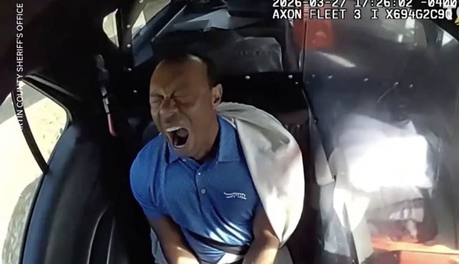 Tiger Woods yawning/screaming while in cop car meme template