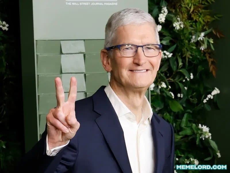 Tim Cook giving peace sign after stepping down as CEO meme template