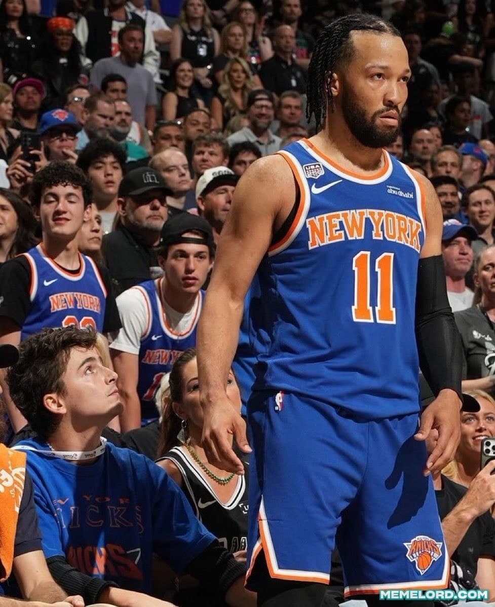 Timothée Chalamet looking at Jalen Brunson - NBA Finals meme template