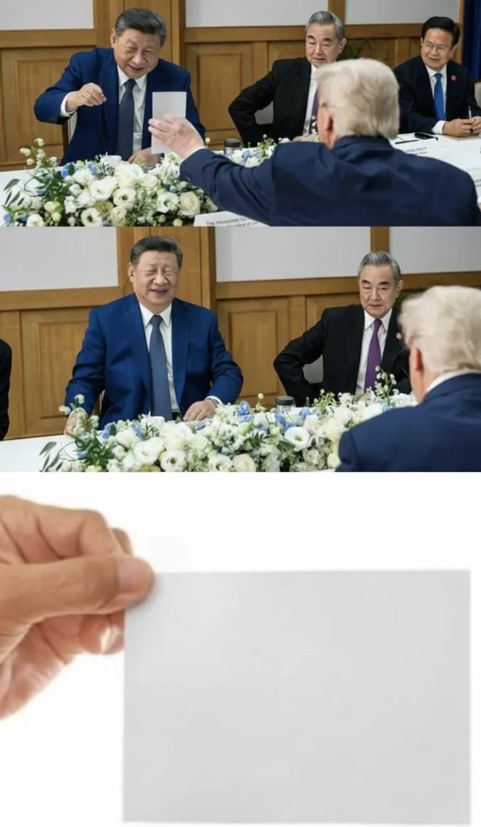Trump showing a blank paper to Xi Jinping laughing