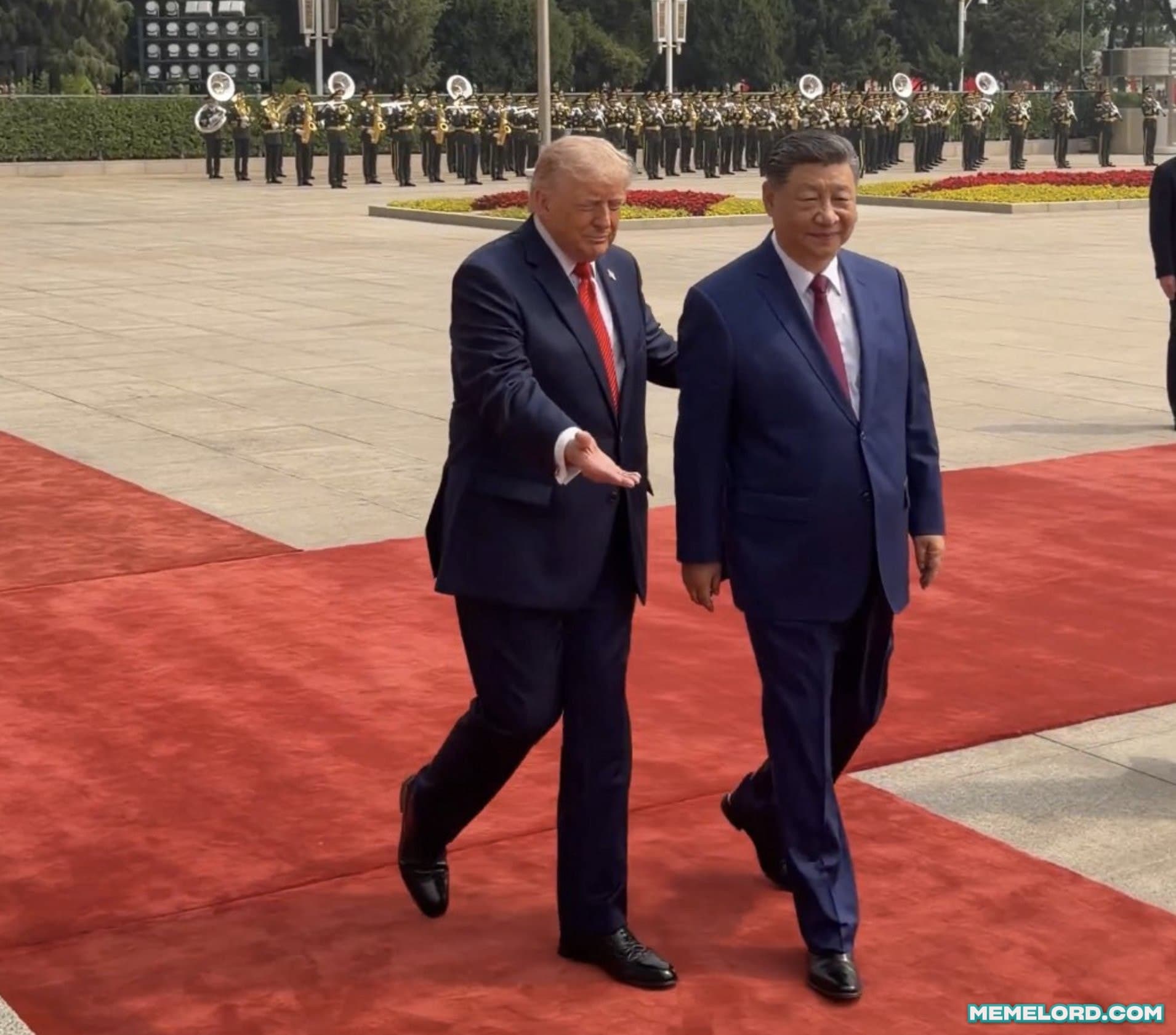 Trump showing Xi Jinping the way meme template