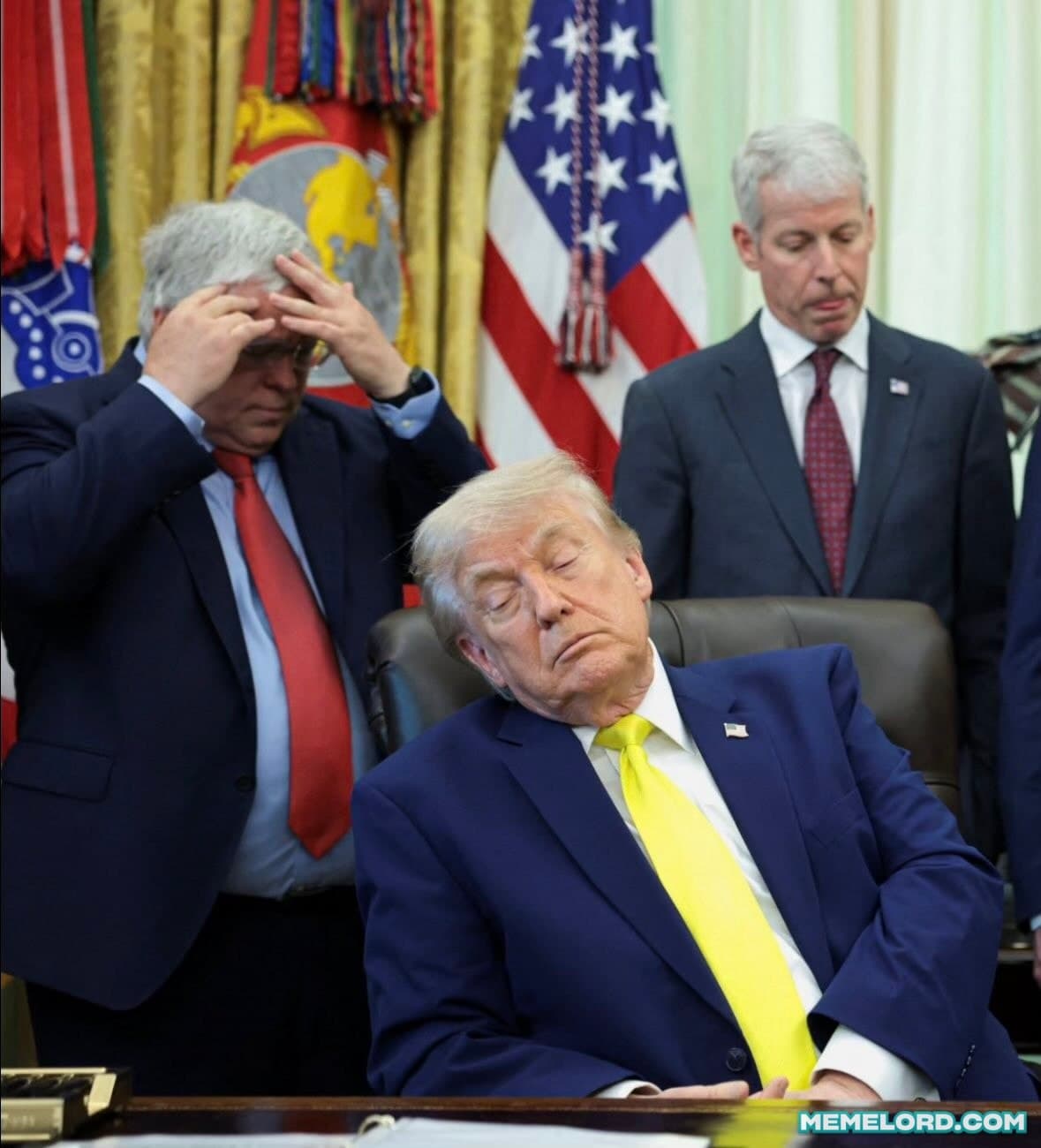 Trump sitting back in his chair and dozing off meme template