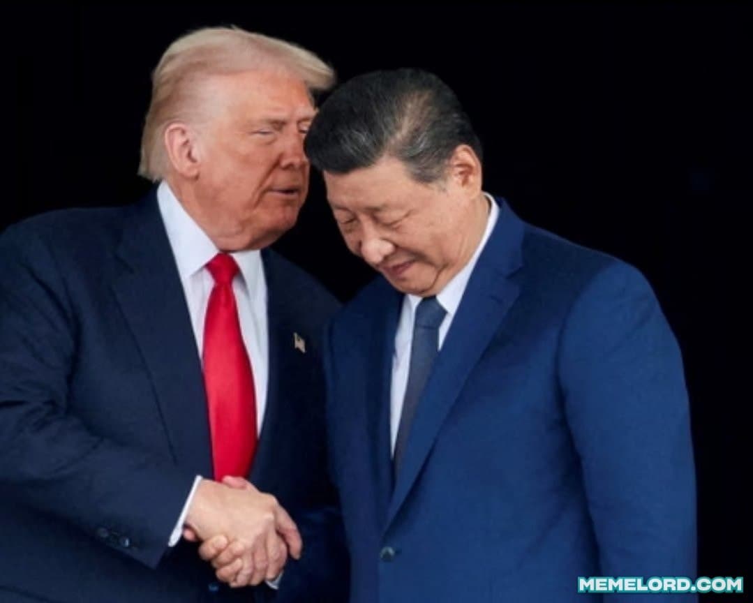 Trump whispering into Xi Jinping's ear meme template