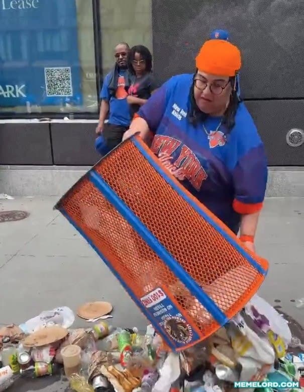 Woman dumping out a Knicks-themed trash can meme template