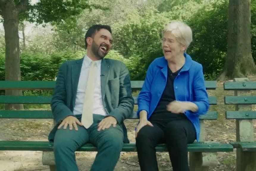 Zohran Mamdani laughing with Elizabeth Warren