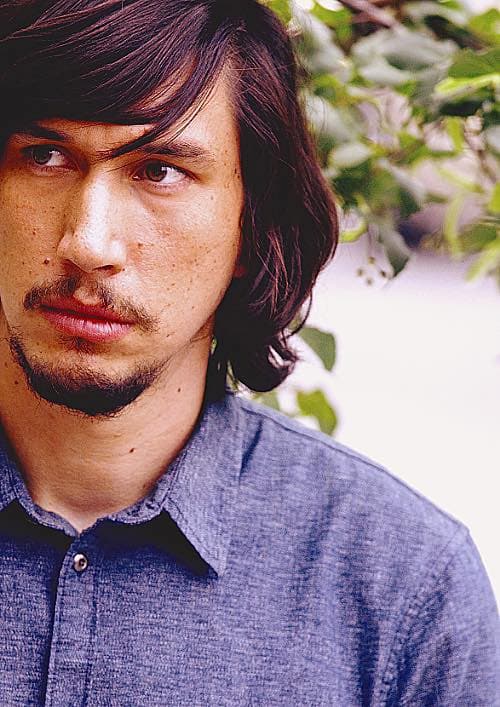 A close vertical portrait of Adam Driver with long dark hair, a mustache and goatee, and a blue collared shirt; he looks sideways against a softly blurred leafy background.