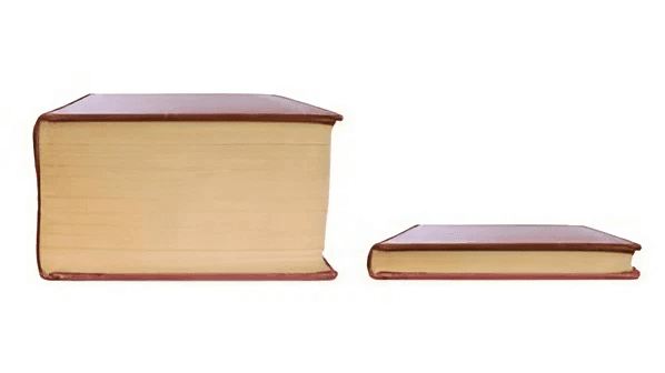 Two matching hardcover books sit side by side on a white background: a large thick tan book on the left and a much thinner tan book on the right, with empty space above both for captions.