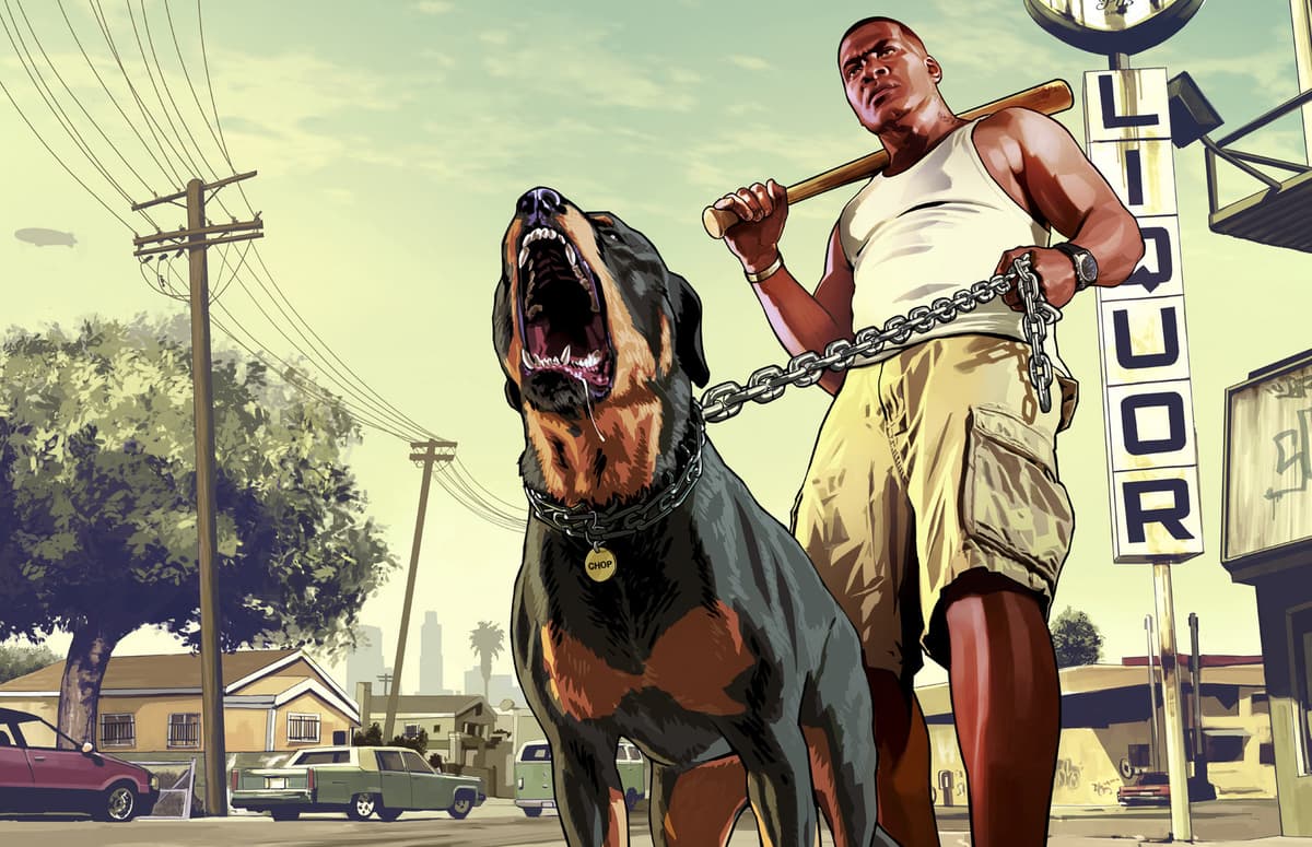 GTA 5 Franklin and his dog Chop meme template image.