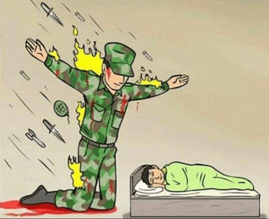 A hand-drawn cartoon shows a bloodied camouflage soldier kneeling and standing with his arms spread wide as knives, bullets, and other projectiles strike around him. A child sleeps peacefully under a green blanket on a bed at the lower right.