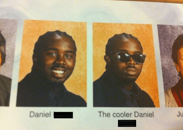 Two adjacent yearbook-style portrait photos show the same person, with the right portrait edited to add dark sunglasses. Printed labels beneath the photos read “Daniel” and “The cooler Daniel,” with parts of additional text obscured by black bars.