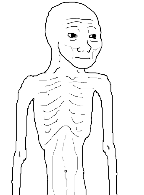 A black-and-white line drawing of a bald Wojak with a tired, blank expression and an extremely thin body with prominent ribs, standing against a white background.