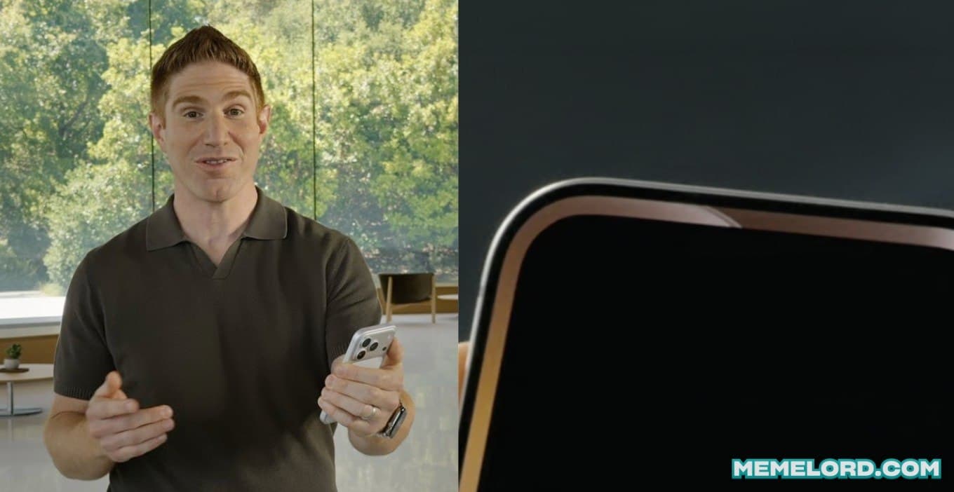 A man in a dark polo shirt holds up a smartphone while gesturing in a bright modern room; beside him is a close-up of the phone with an empty black display. A MEMELORD.COM watermark appears at the bottom right.