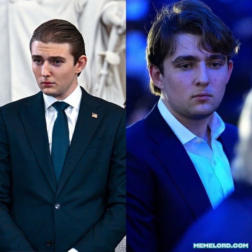 Vertical split image showing Barron Trump in a dark suit with slicked-back hair on the left and a later image of him in a dark jacket under blue lighting on the right; a MEMELORD.COM watermark appears at the lower right.
