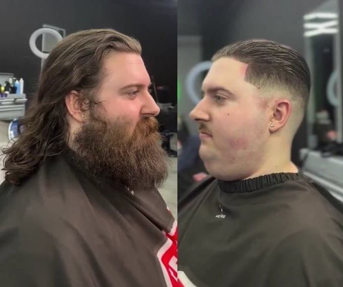 A vertical split-screen photo of the same man in a barber chair: on the left he has long hair and a large full beard, while on the right he has a short faded haircut and a much shorter beard.