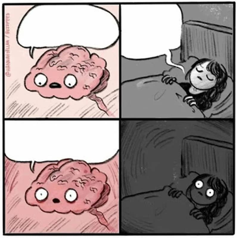 A four-panel comic shows a pink cartoon brain speaking while a girl lies in bed. In the final panel, the room is dark and the girl suddenly looks wide-eyed and alarmed while the brain remains awake.
