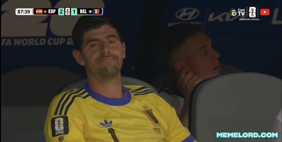 Courtois staring at the camera when Spain scored the goal - FIFA World Cup meme template