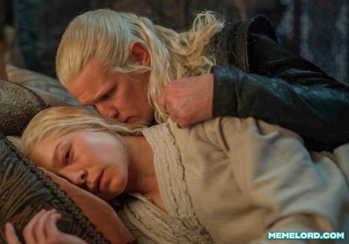 Daemon whispering to grieving Rhaenyra - 'House of the Dragon' meme template