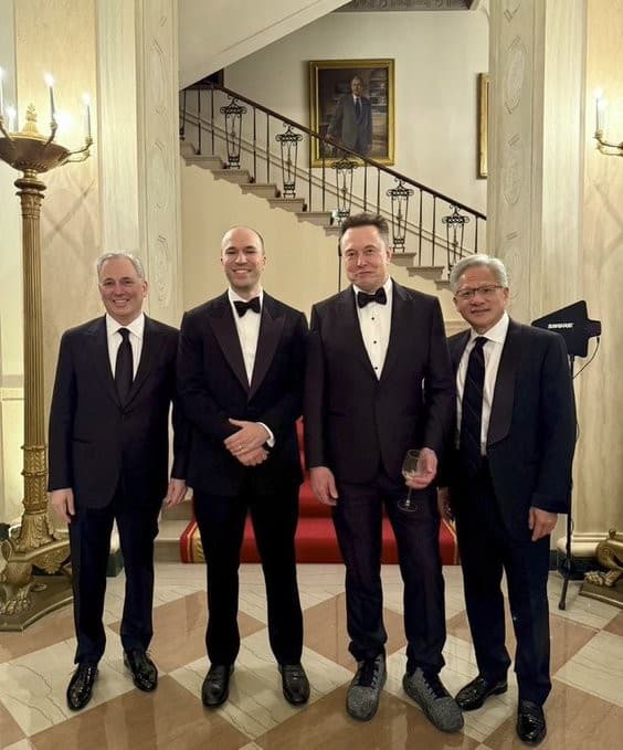 David Sacks, Greg Brockman, Elon Musk, and Jensen Huang hanging out at the White House dinner