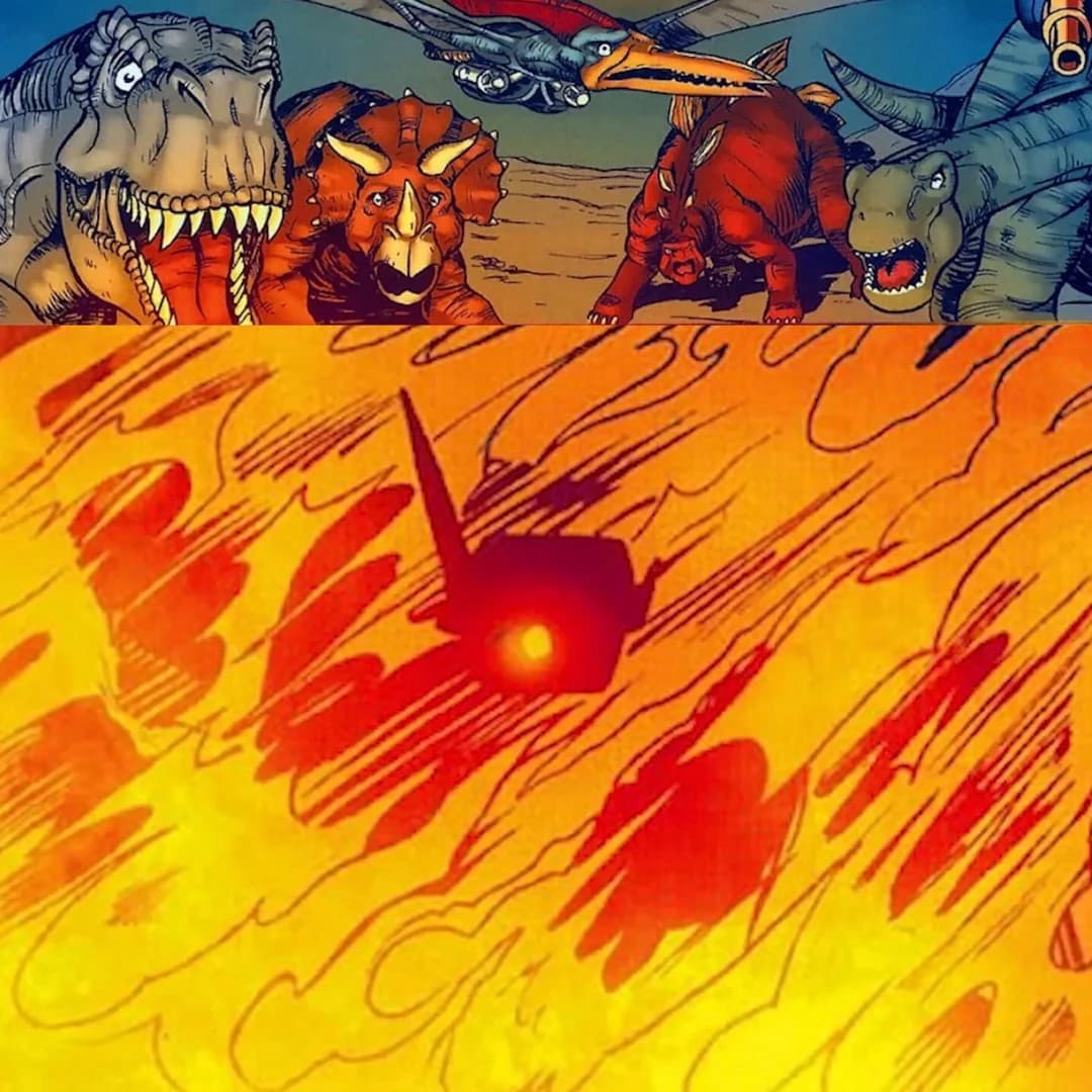 Dinobots witnessing the emergence of the Shockwave from an explosion