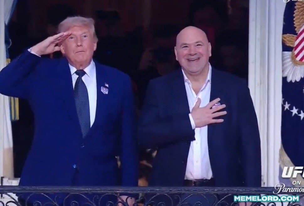Donald Trump and Dana White Saluting the anthem at the "UFC Freedom 250" meme template