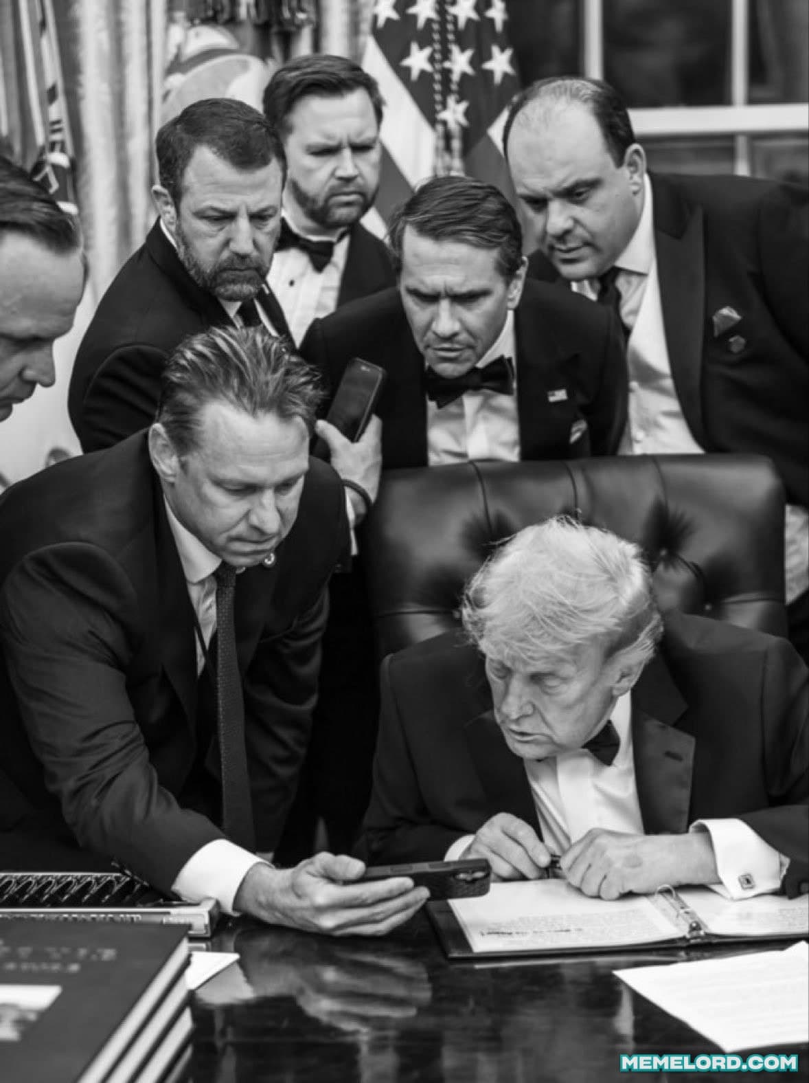 Donald Trump viewing screen alongside his cabinet in the Oval office meme template