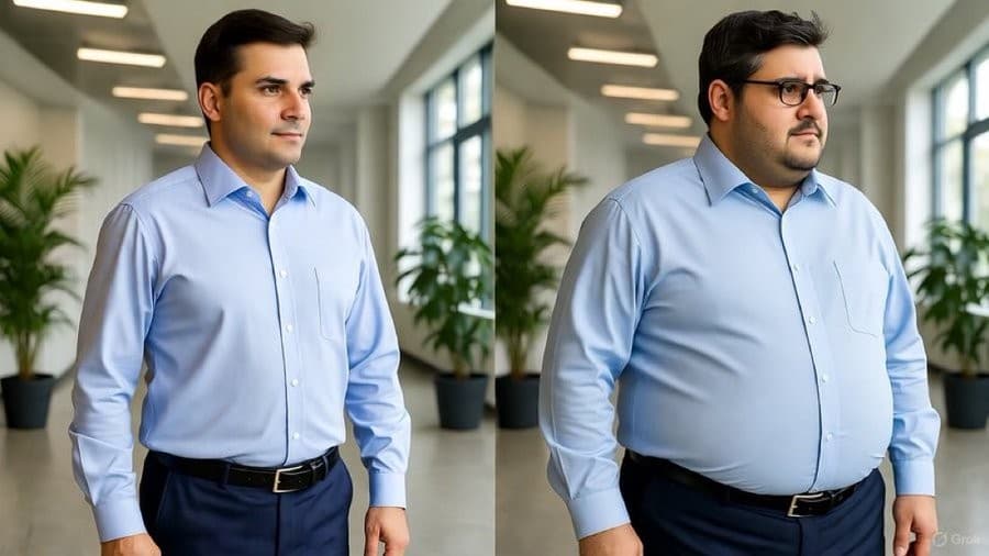 Fit vs overweight business leader in a blue suit meme template