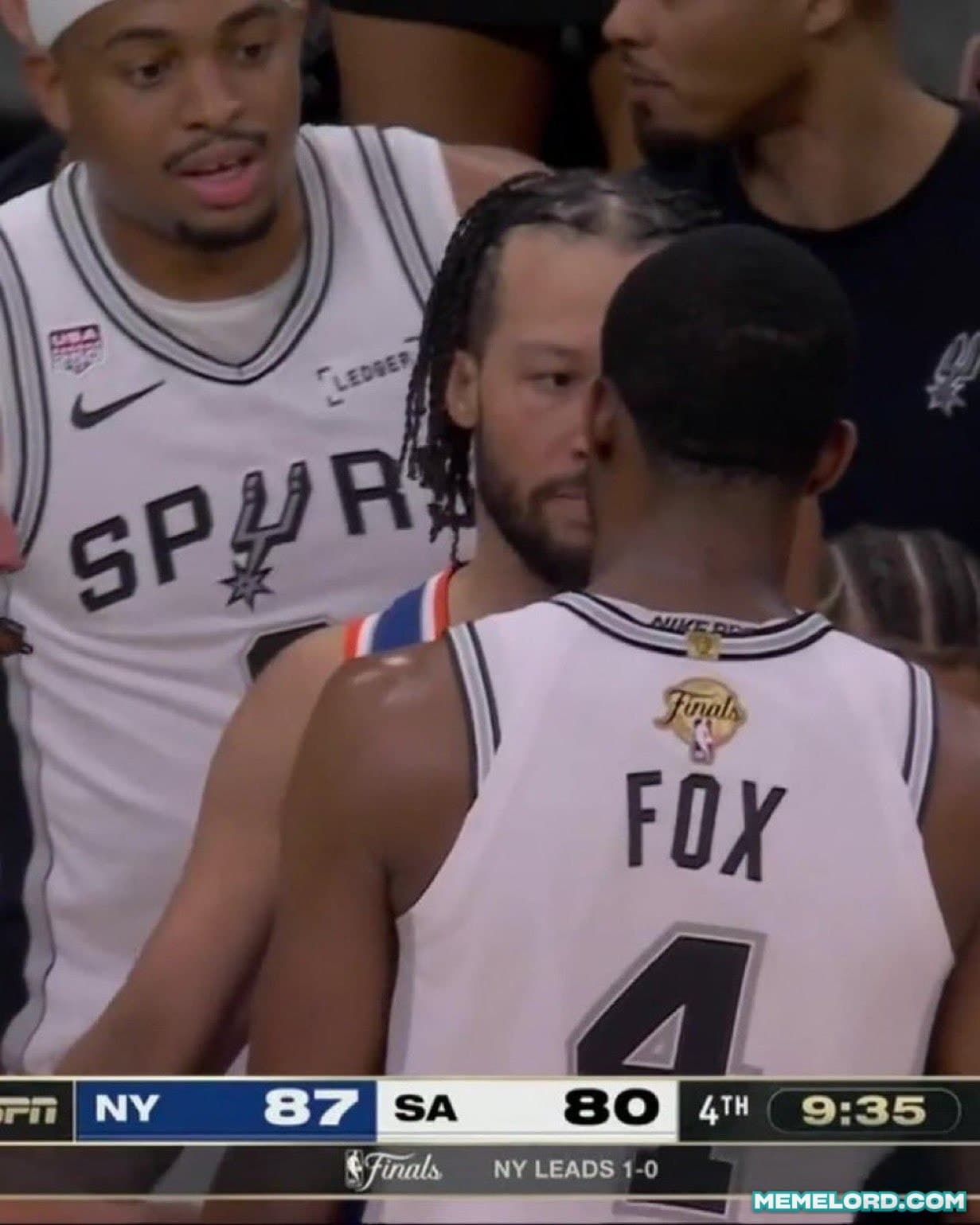 Jalen Brunson staring down De'Aaron Fox - Game 2 of the 2026 NBA Finals meme template