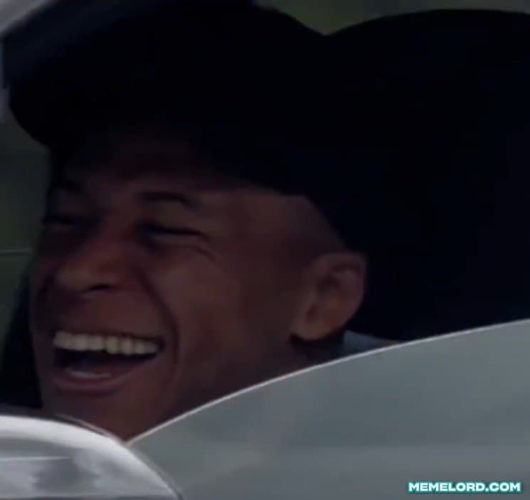 Kylian Mbappé laughing hysterically while going home after training meme template