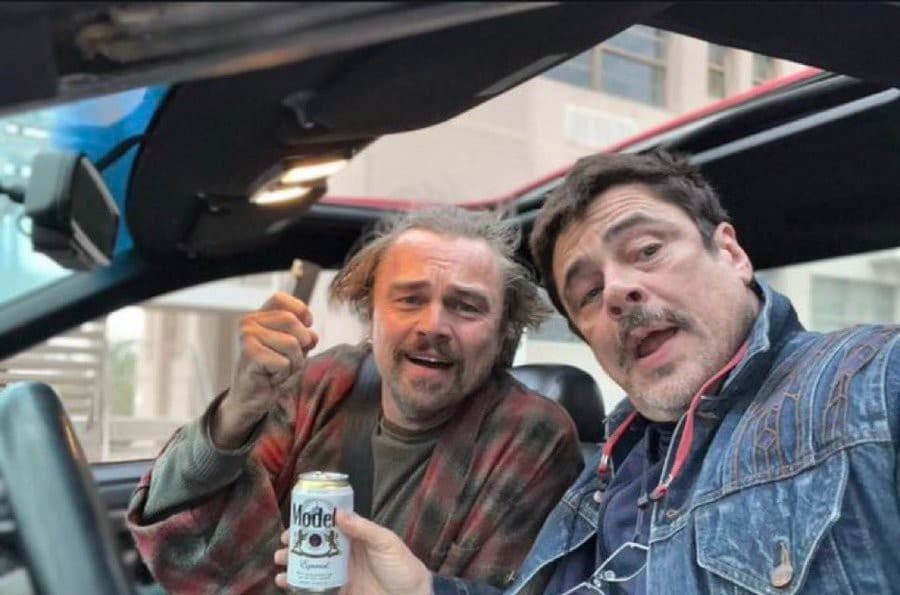 Leonardo DiCaprio and Benicio del Toro BTS selfie "One Battle After Another" meme template