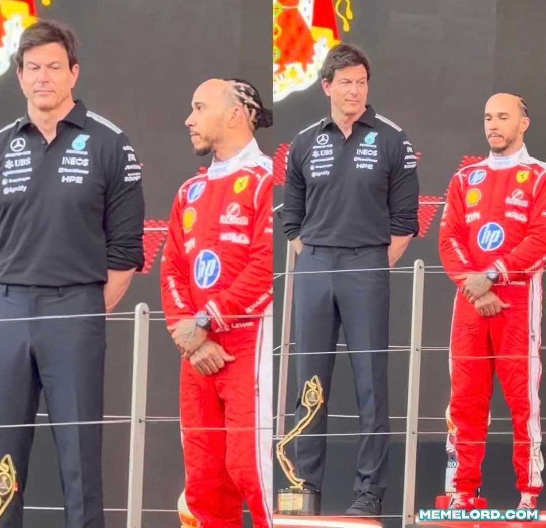 Lewis Hamilton and Toto Wolff awkward podium moment - 2026 Monaco Grand Prix meme template