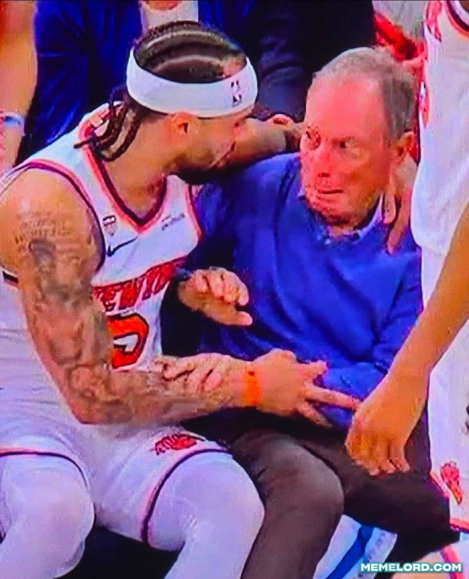 Mayor dodging Player / Jose Alvarado colliding with former NYC Mayor Michael Bloomberg - NBA Finals meme template