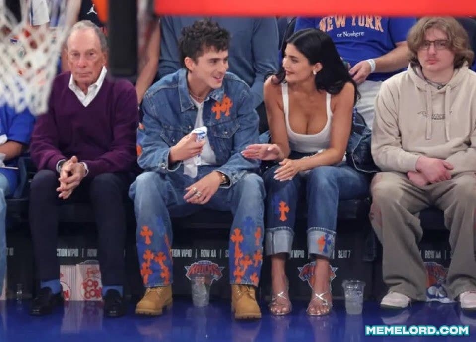 Mike Bloomberg, Timothée Chalamet, Kylie Jenner, and another young man at the NBA Finals meme template