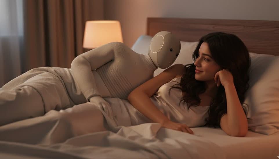 Neo Beta humanoid robot cuddling with a woman