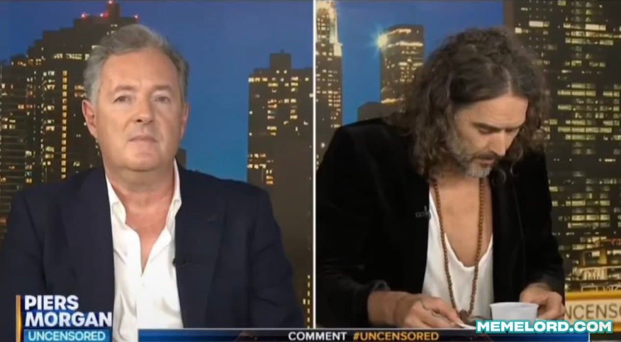Piers Morgan looking at camera while Russell Brand reading The Bible meme template