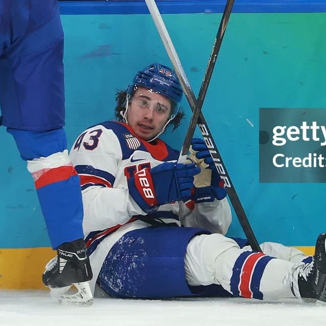 Quinn Hughes on the ice during the Olympic men's hockey tournament