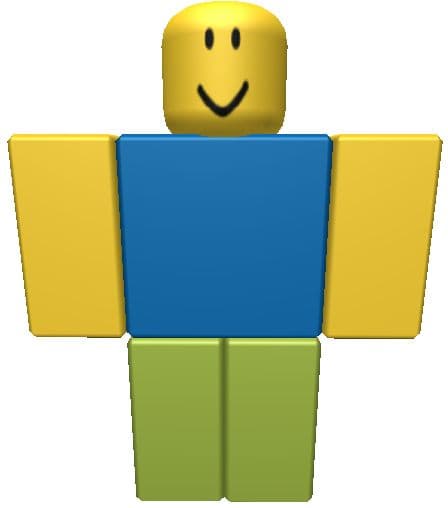 A classic blocky Roblox avatar with a yellow smiling head and arms, blue torso, and green legs on a white background.