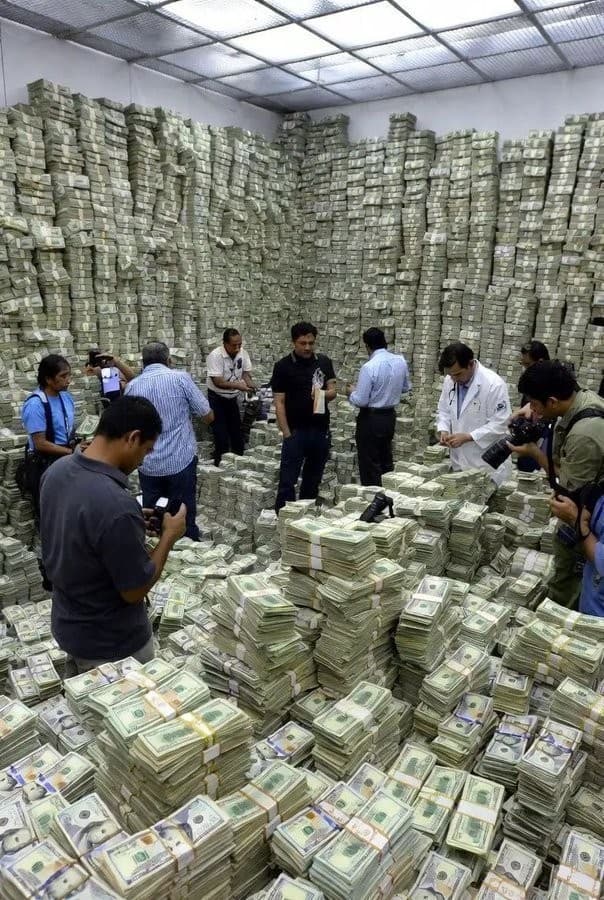 Room filled with massive stacks of cash meme template
