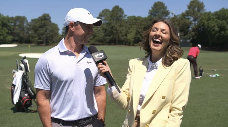 Rory McIlroy making TV golf presenter Amanda Balionis laugh during interview - Masters 2026
