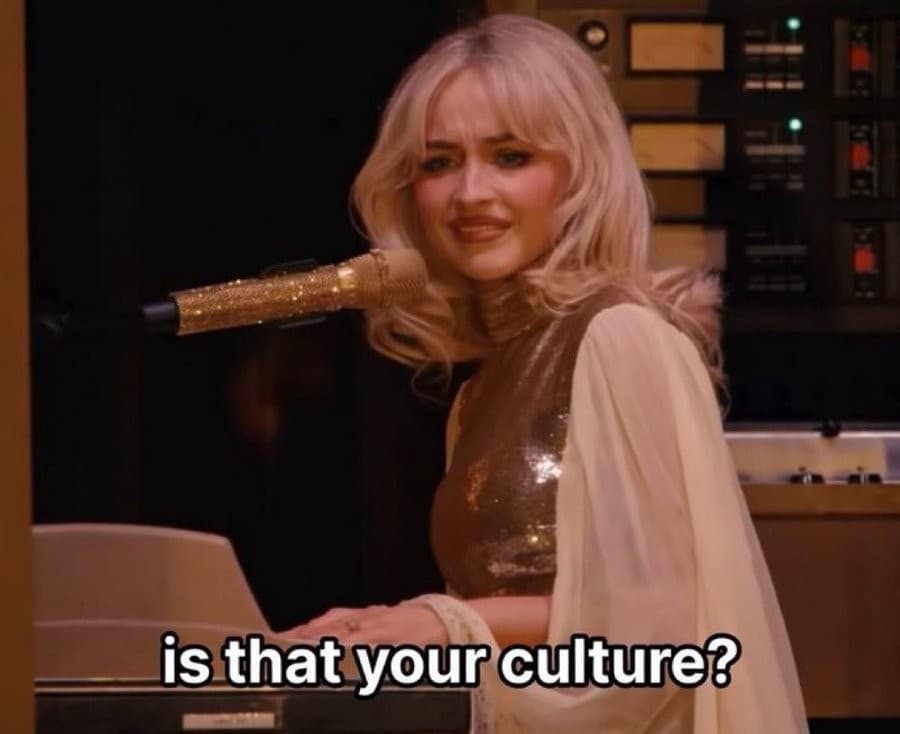 Sabrina Carpenter confused reaction to a fan "Is that your culture" - Coachella 2026 meme template